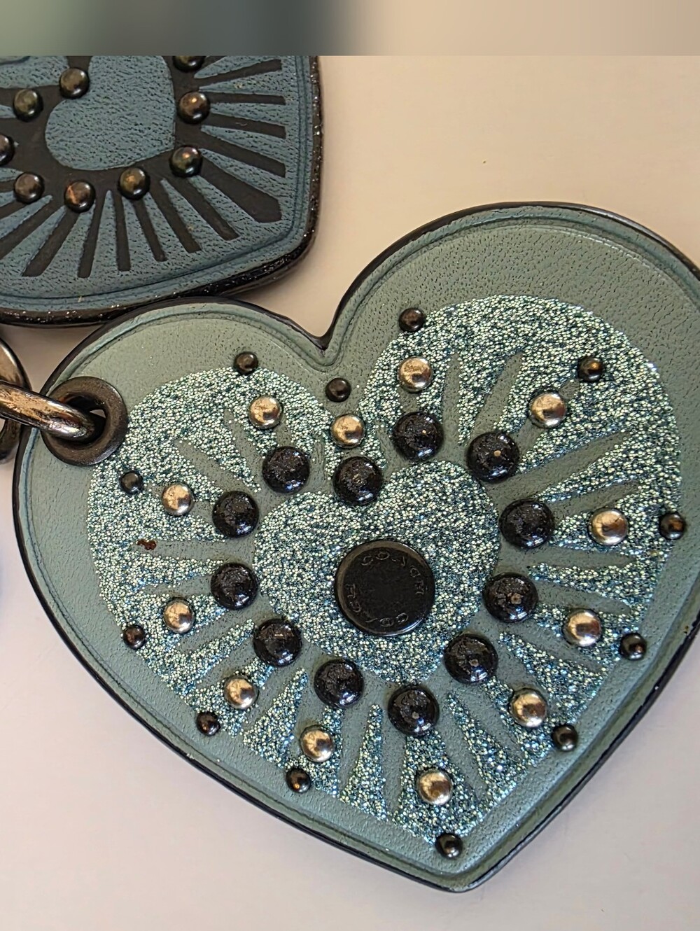 Coach Heart Motif Leather Bag Charm Key Fob Blue Studded Glitter Hard To Find - Picture 10 of 14